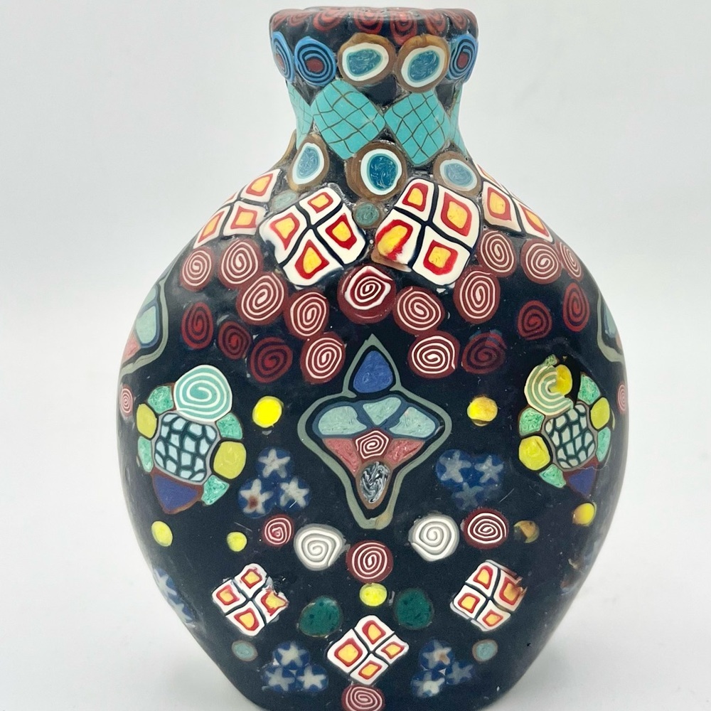 Polymer Clay Covered Glass Vase Millefiori Folk Art‎ 4.75” Tall EUC
